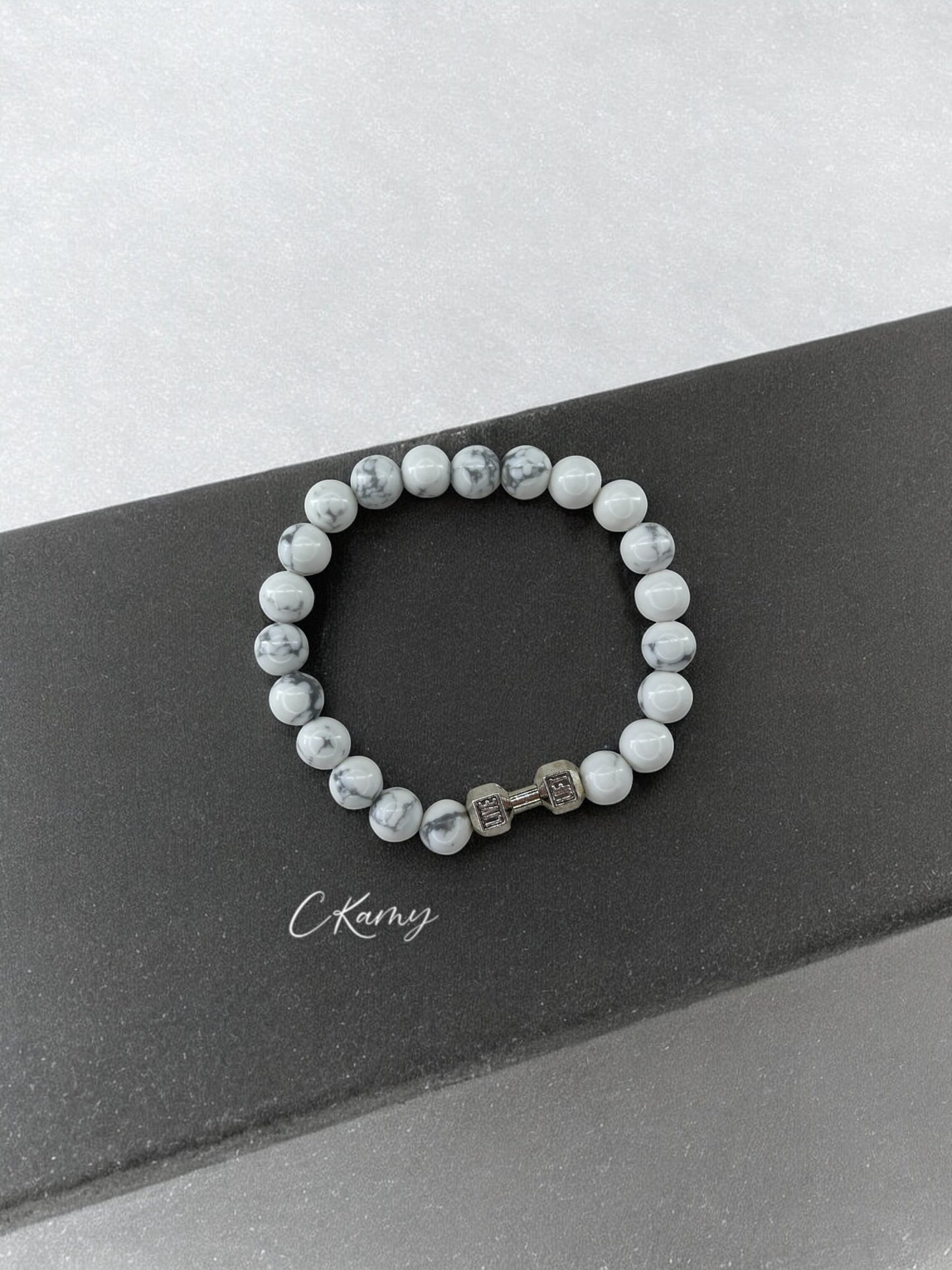 Bracelet homme haltère argent blanc à traits