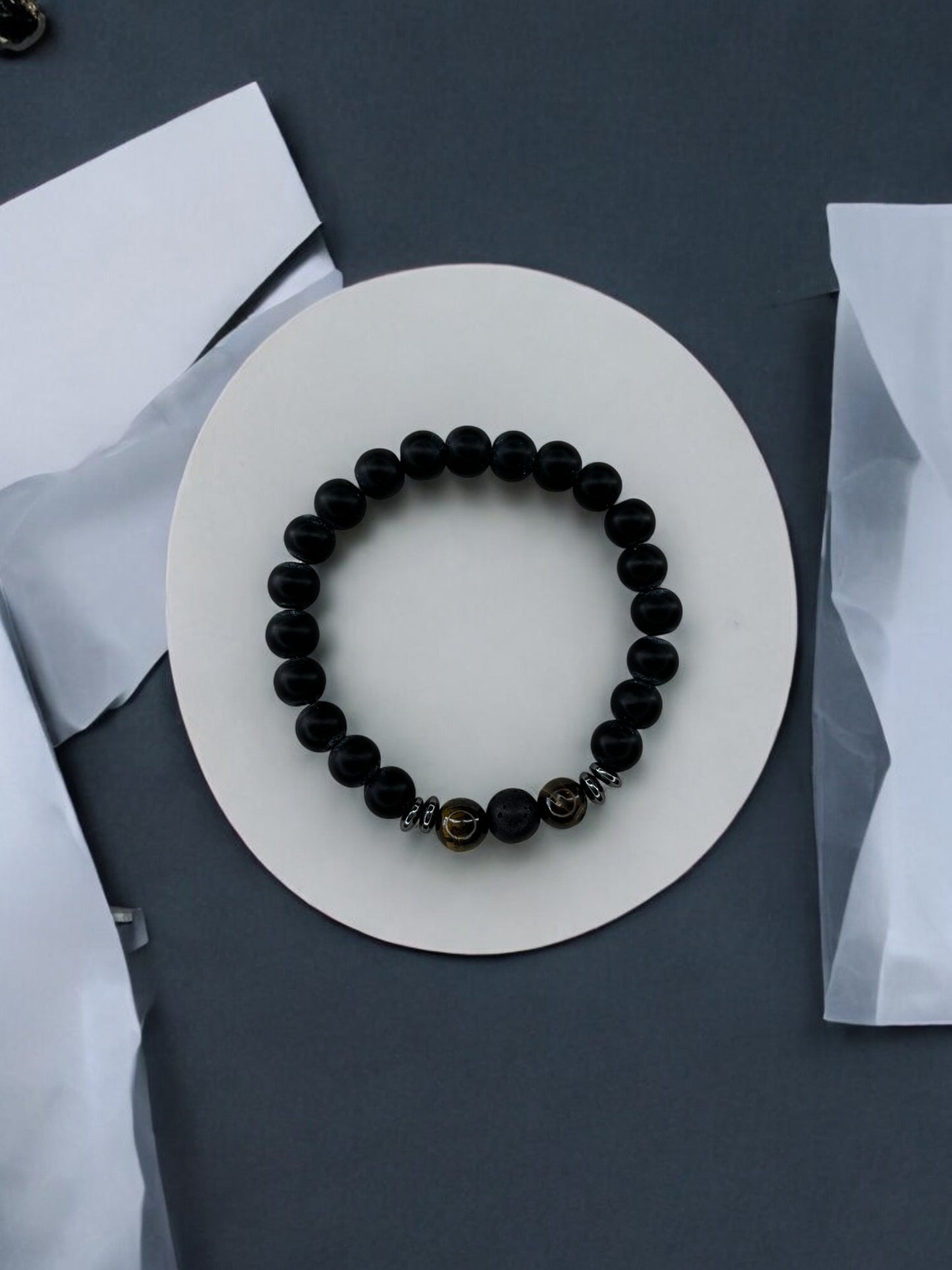 Bracelet homme intercalaires milieu deux perles marron