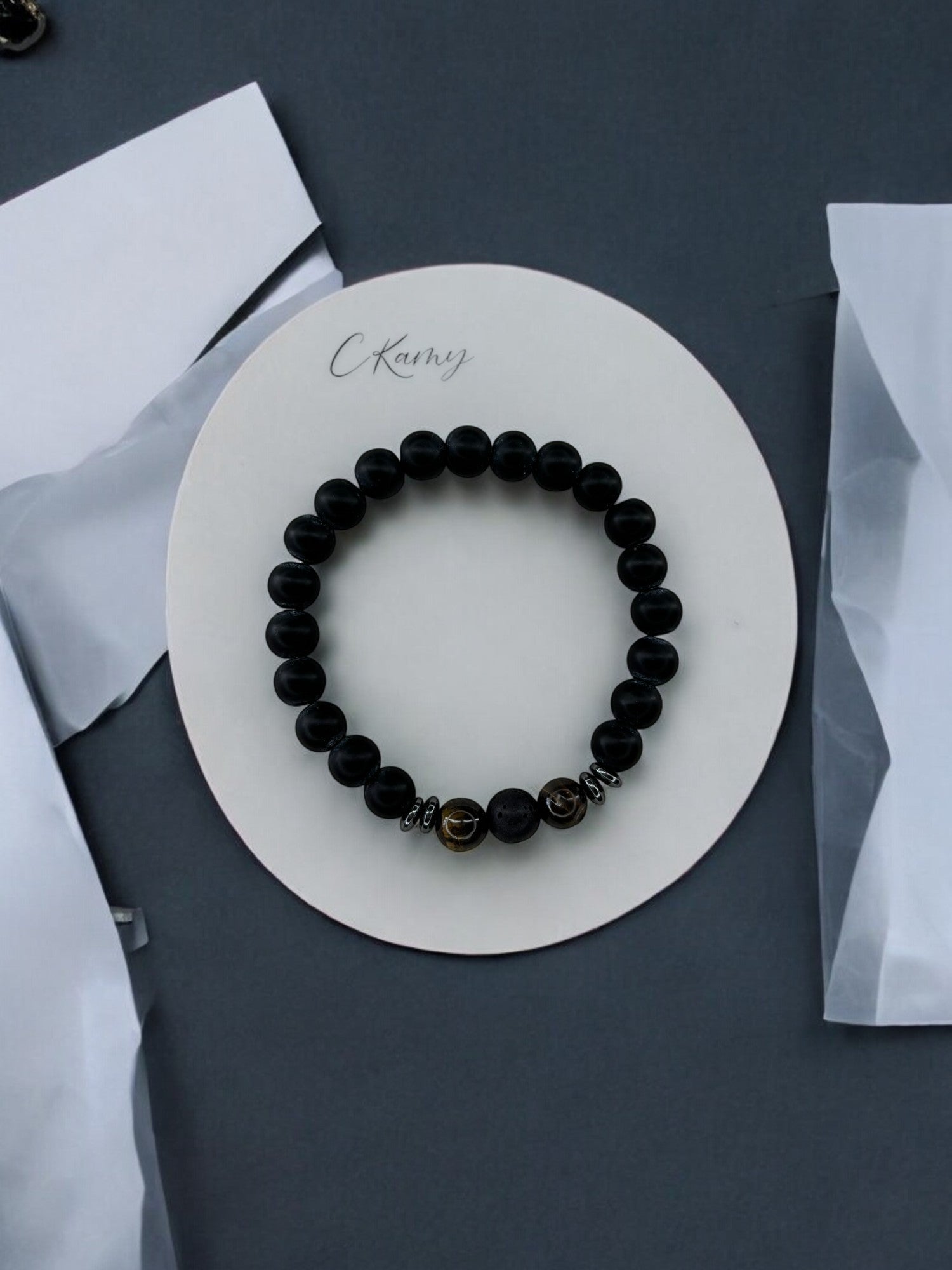 Bracelet homme intercalaires milieu deux perles marron