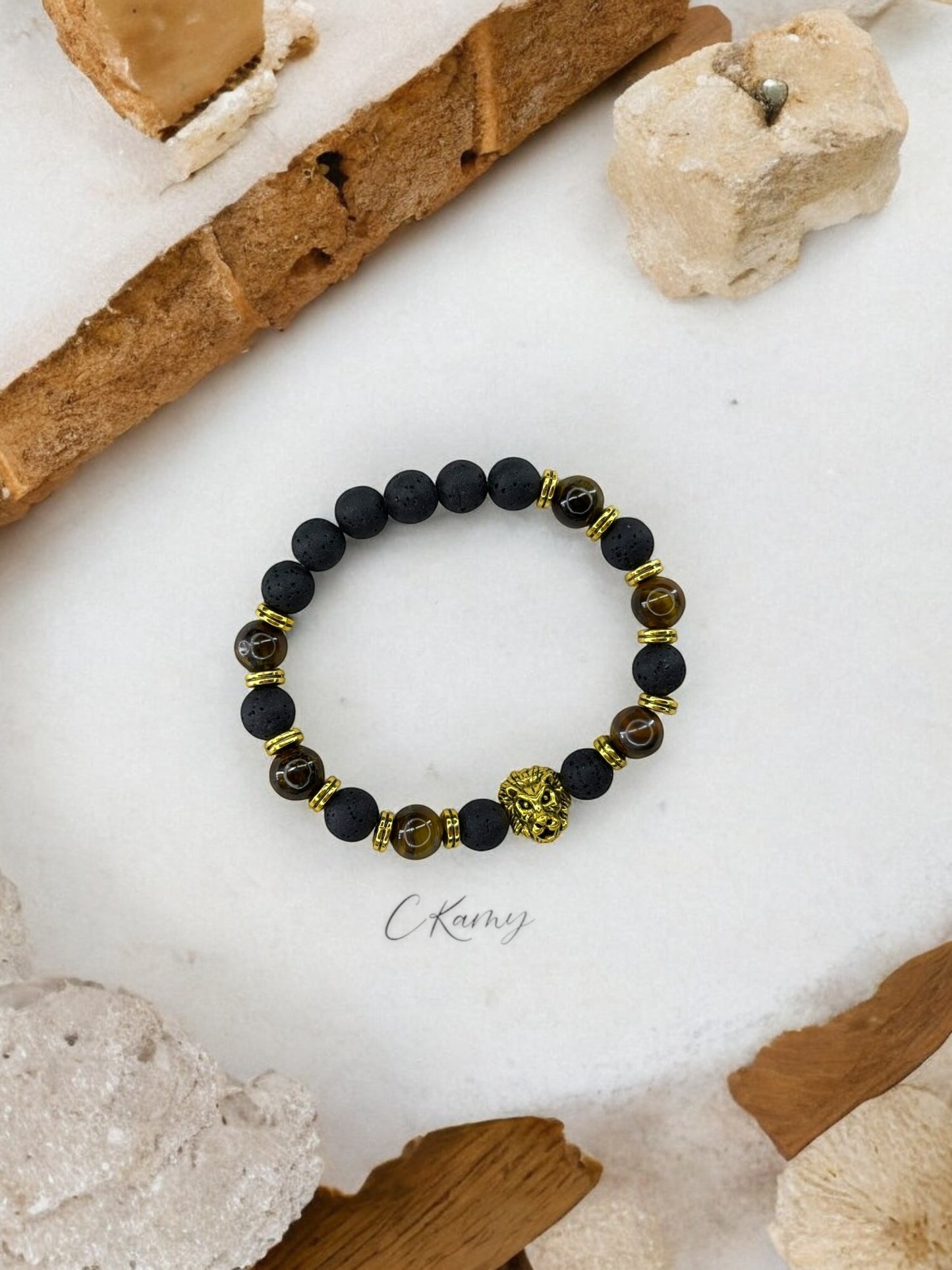 Bracelet homme lion doré marron
