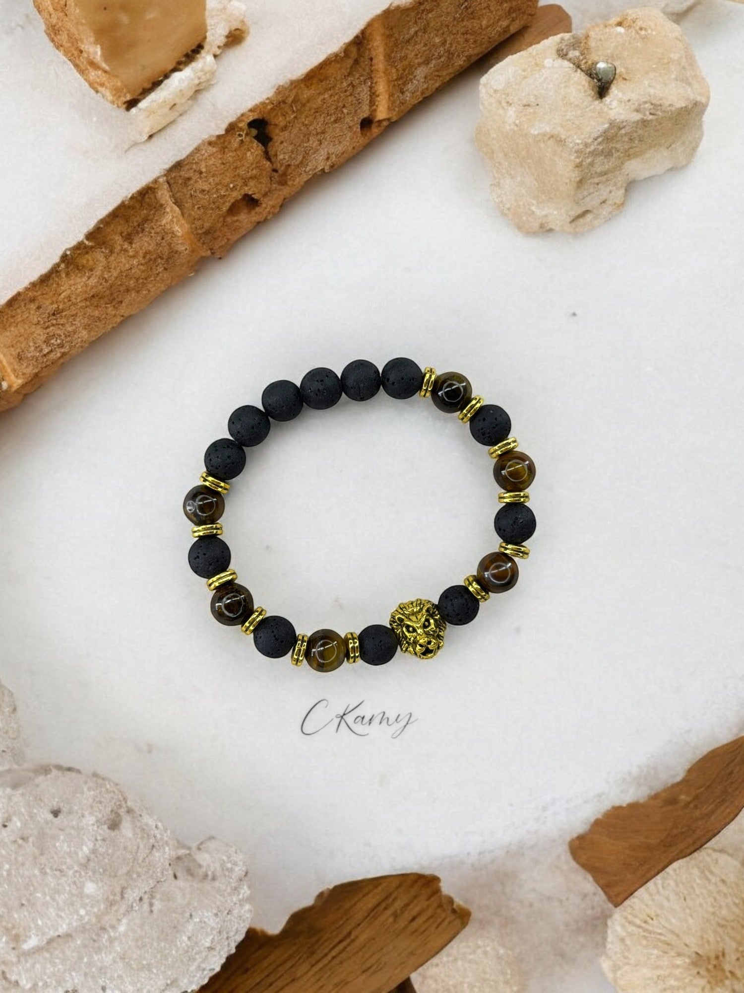 Bracelet homme lion doré marron