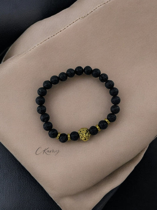 Bracelet homme lion doré noir volcanique