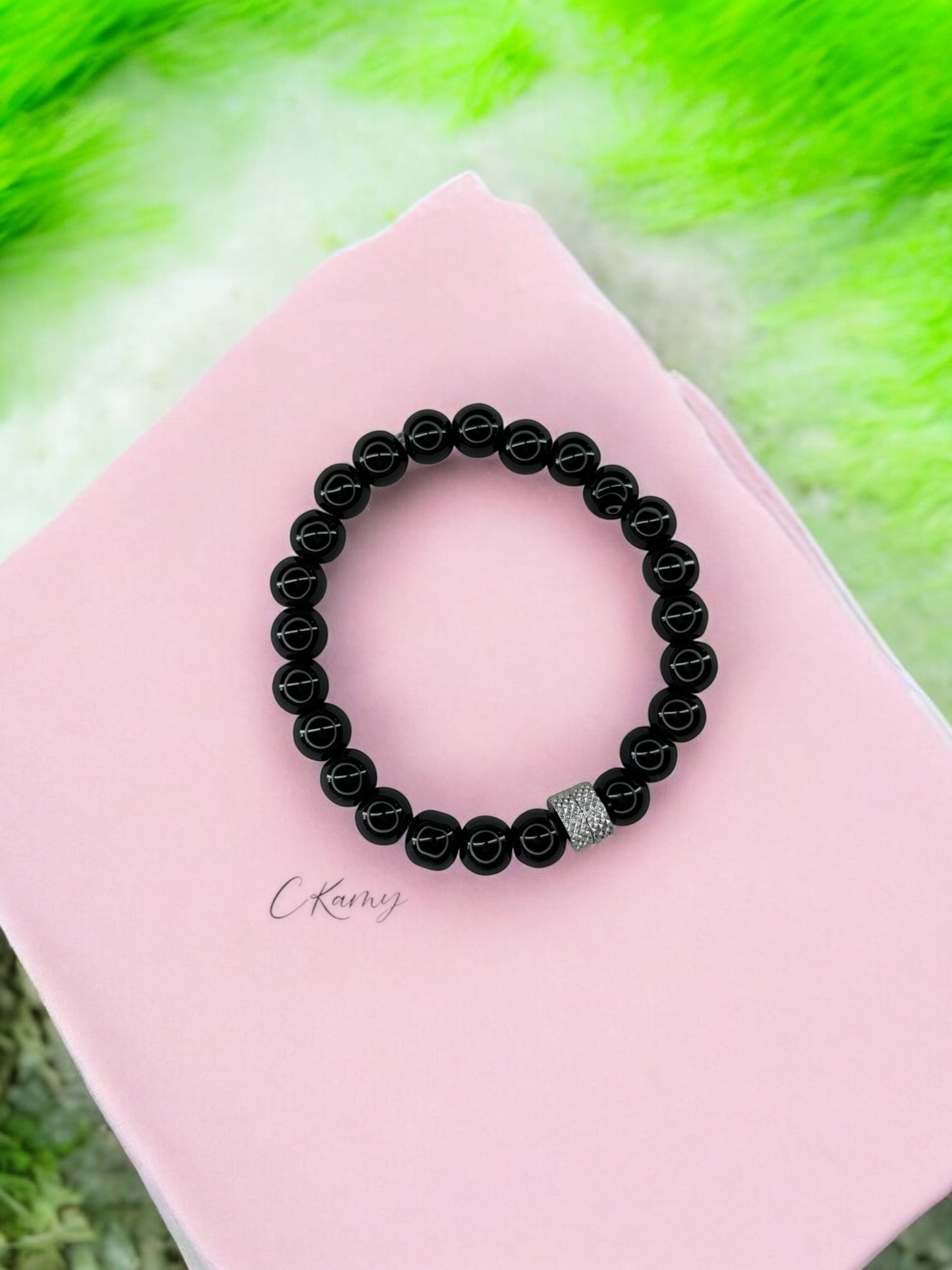 Bracelet homme milieu deux perles argent perles noir