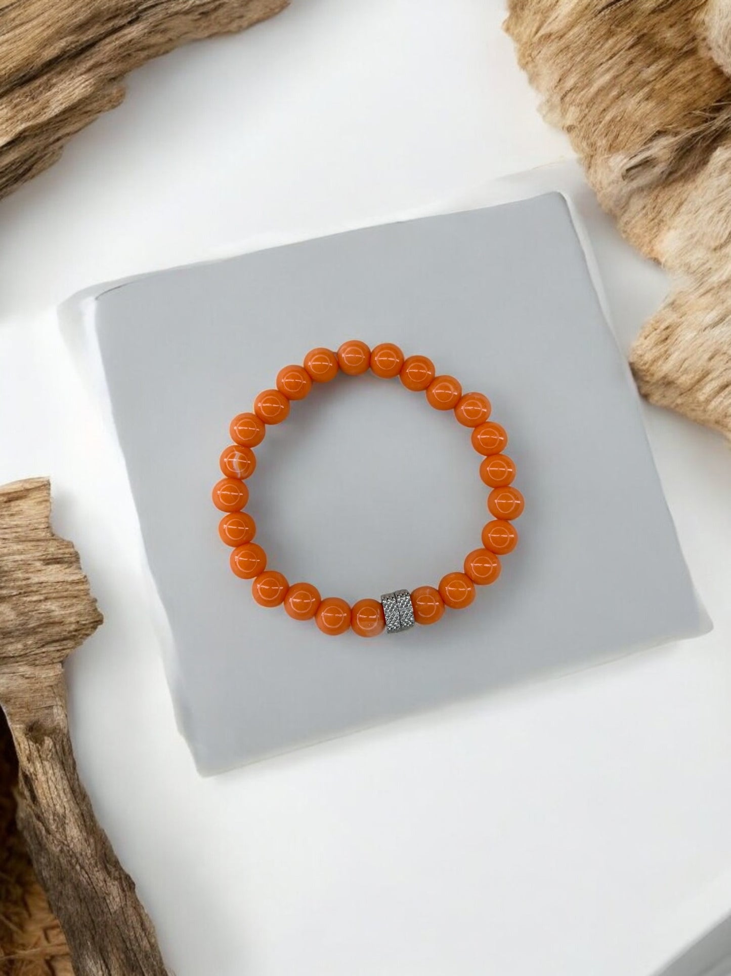 Bracelet homme milieu deux perles argent perles orange