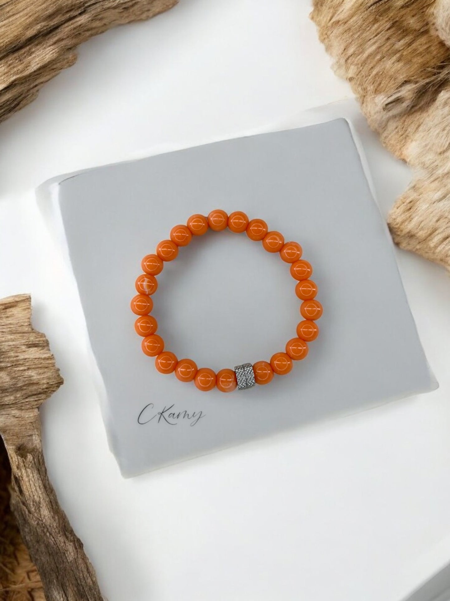 Bracelet homme milieu deux perles argent perles orange