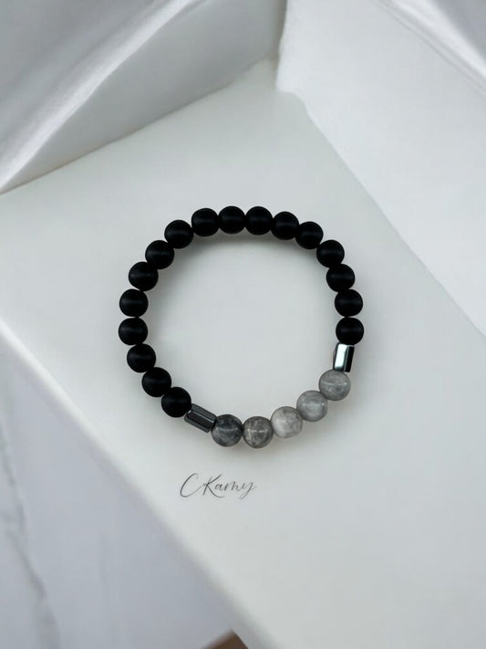 Bracelet homme milieu gris perles noir