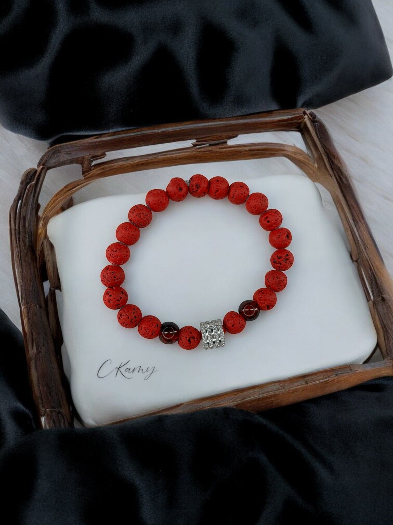 Bracelet homme milieu large perle argent volcanique rouge rouge