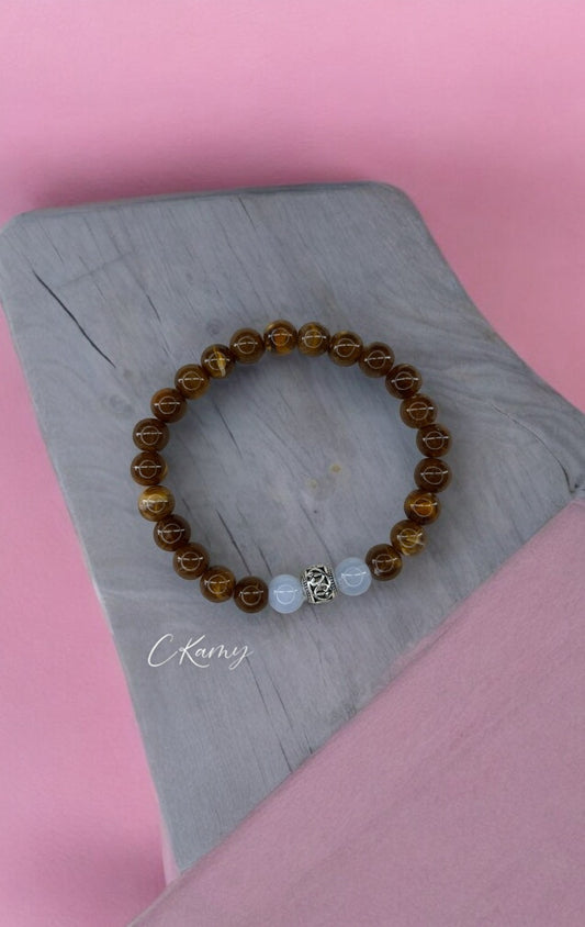 Bracelet homme perle ronde argent centrale marron bleu