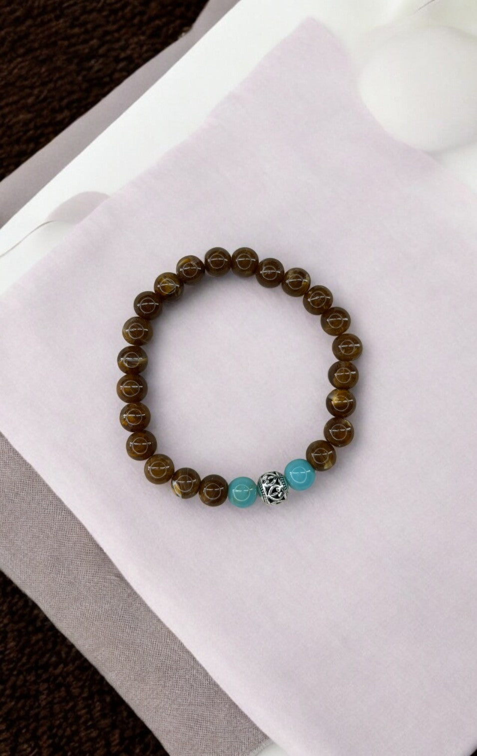 Bracelet homme perle ronde argent centrale marron bleu turquoise