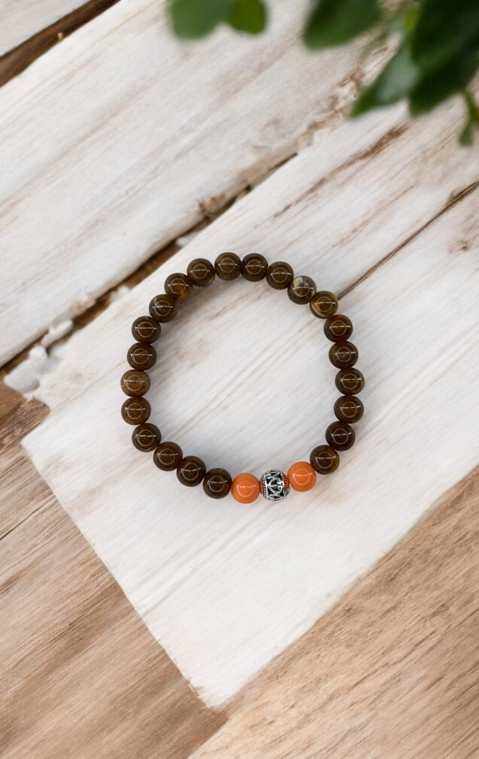 Bracelet homme perle ronde argent centrale marron orange