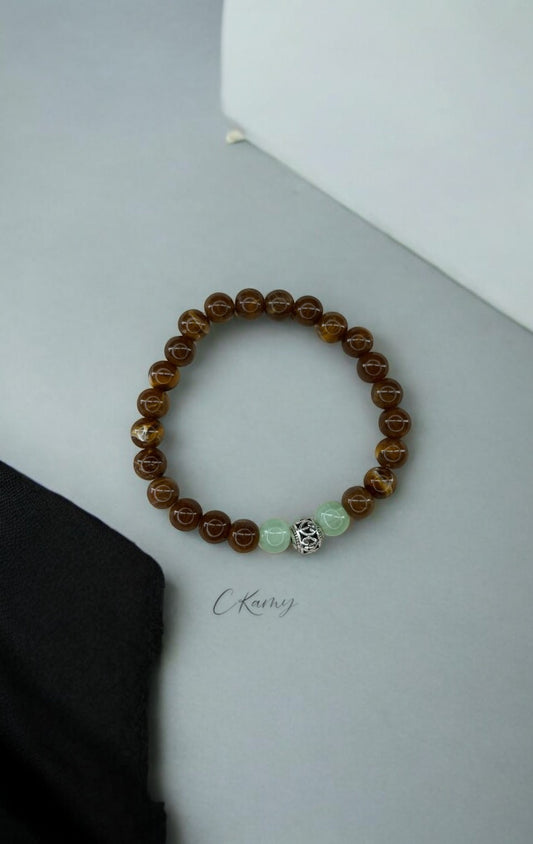 Bracelet homme perle ronde argent centrale marron vert