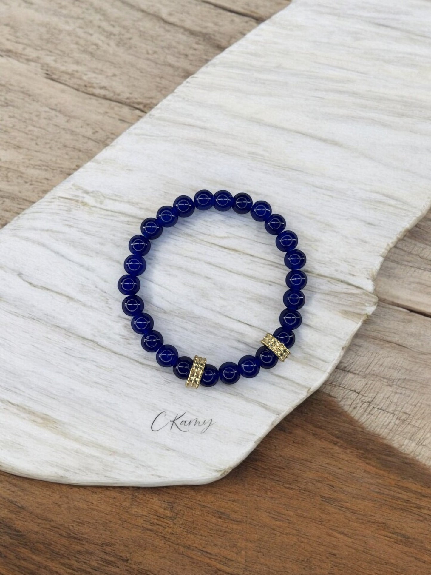 Bracelet homme perles doré perles bleu foncé