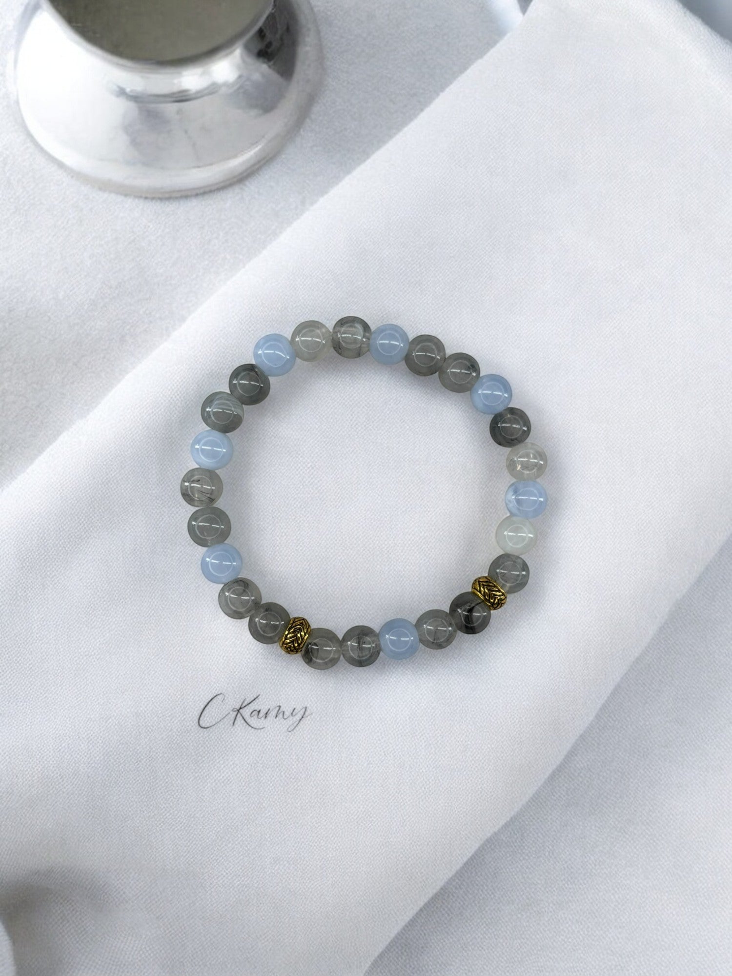 Bracelet homme perles intercalaires doré gris bleu