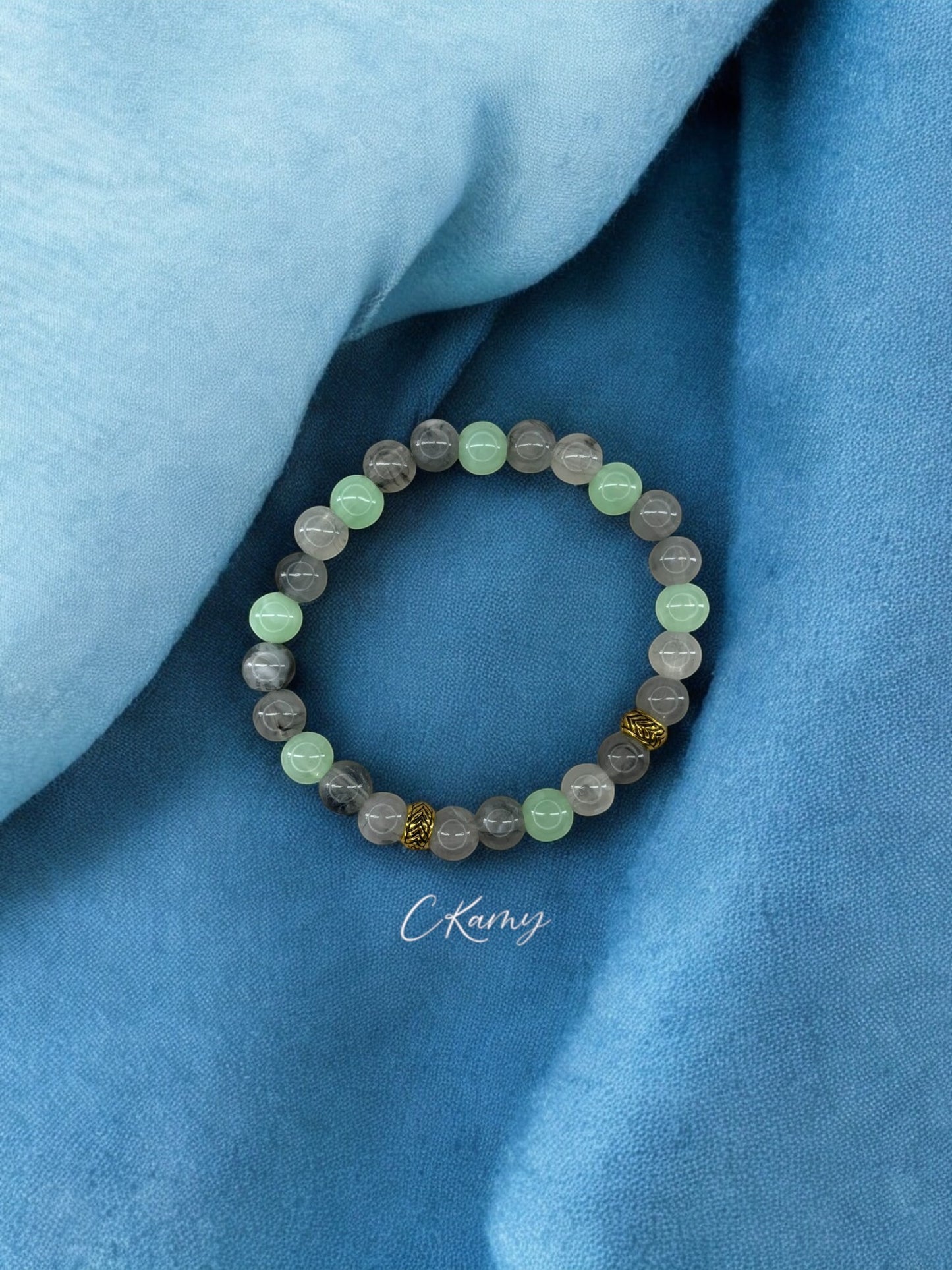 Bracelet homme perles intercalaires doré gris vert
