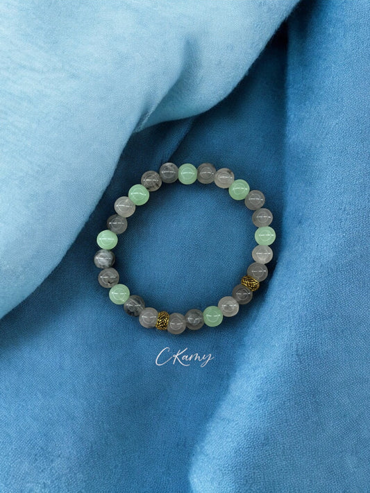 Bracelet homme perles intercalaires doré gris vert
