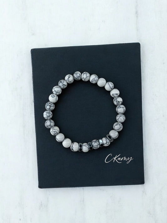 Bracelet homme quatre écrous perles blanc à traits