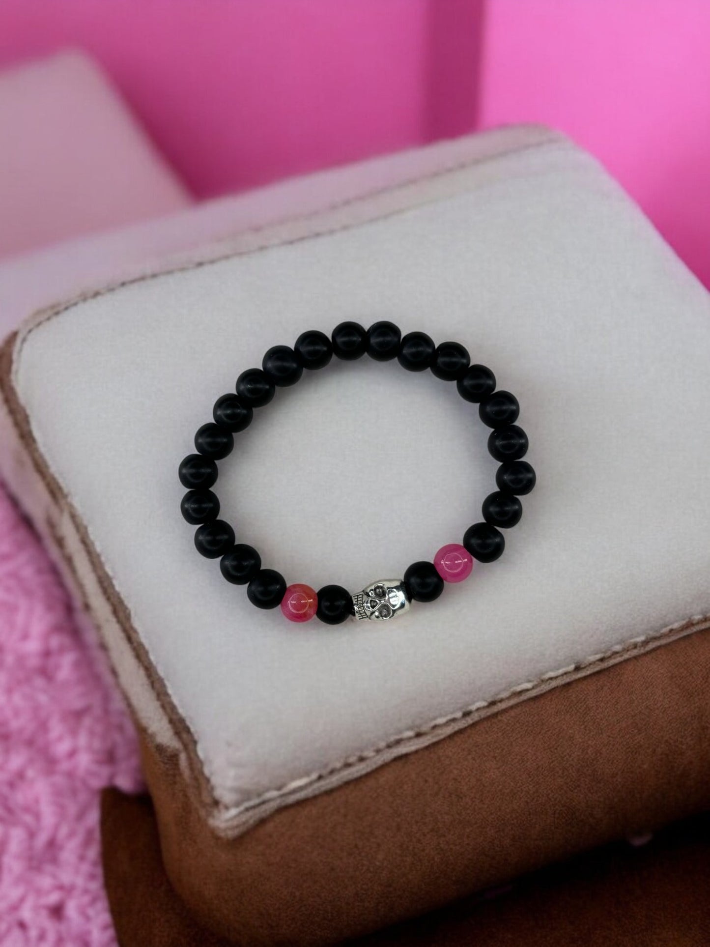 Bracelet homme tête de mort noir rose