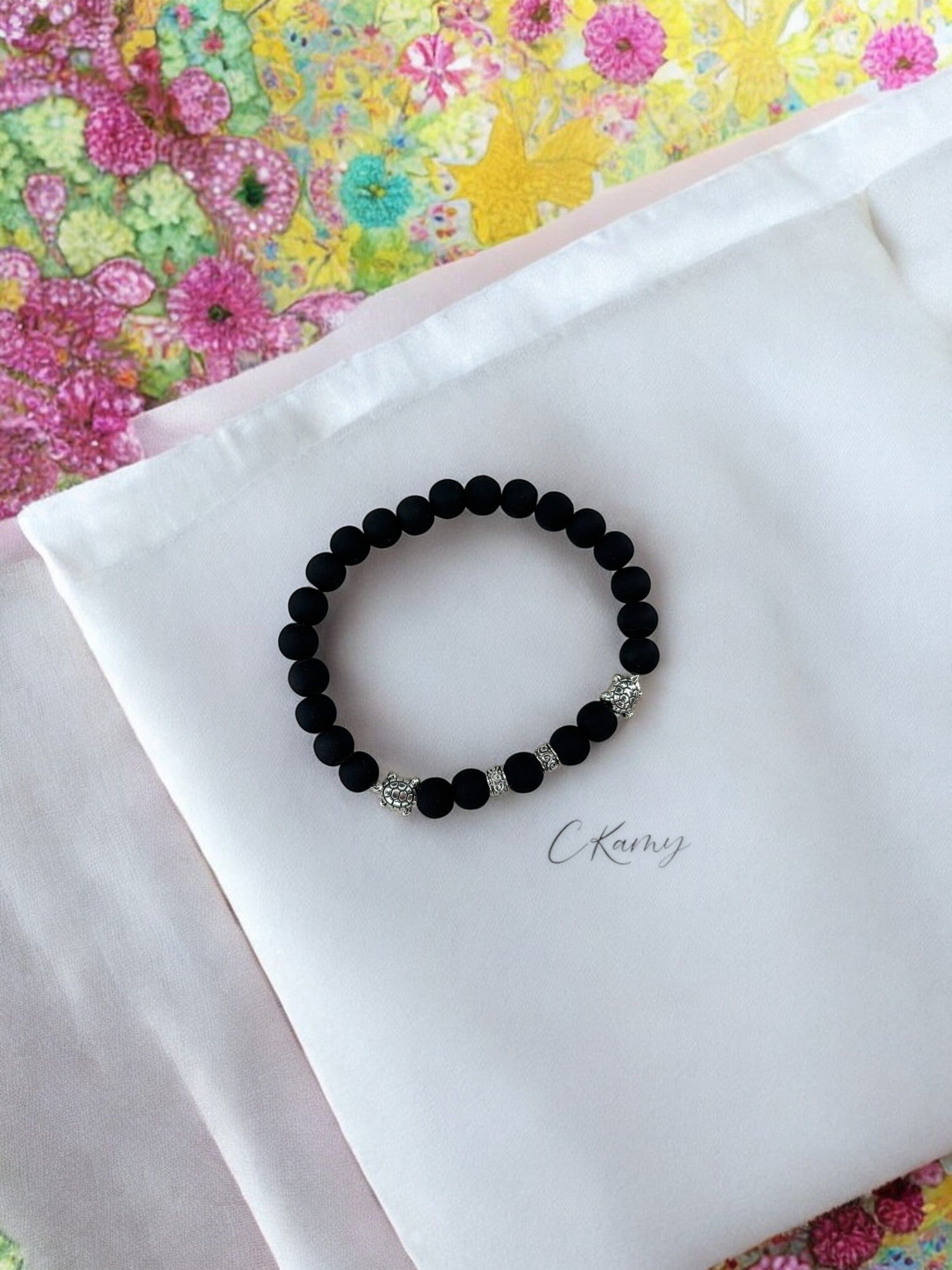 Bracelet homme tortue argent perle noir