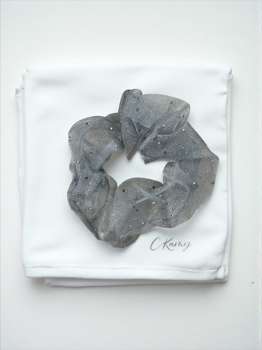 Chouchou tissu petits strass gris