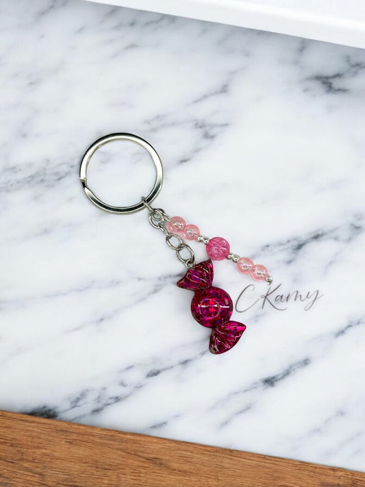 Porte clé personnalisé bonbon rose flash anneau rond
