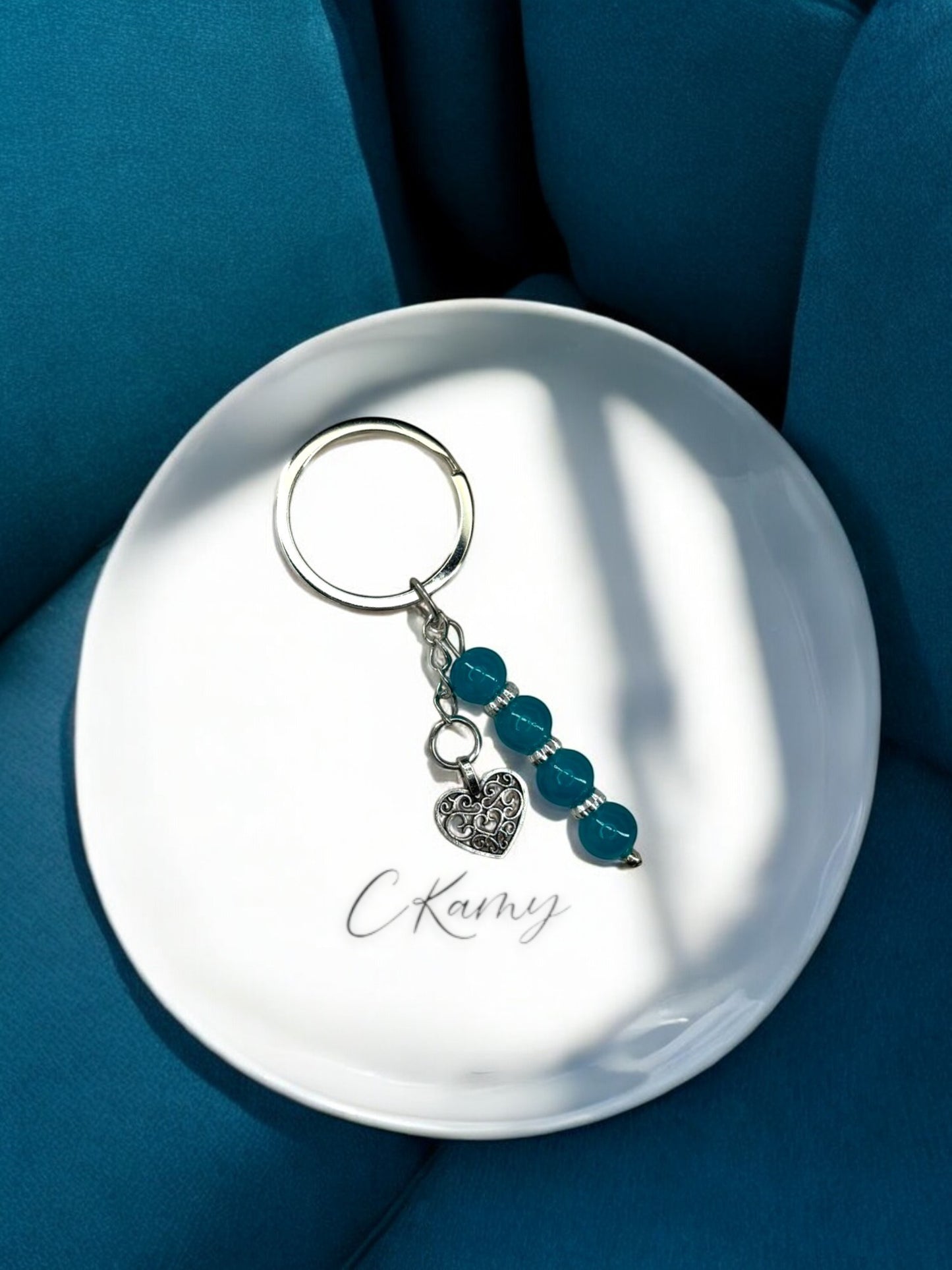 Porte clé personnalisé coeur ancien bleu turquoise