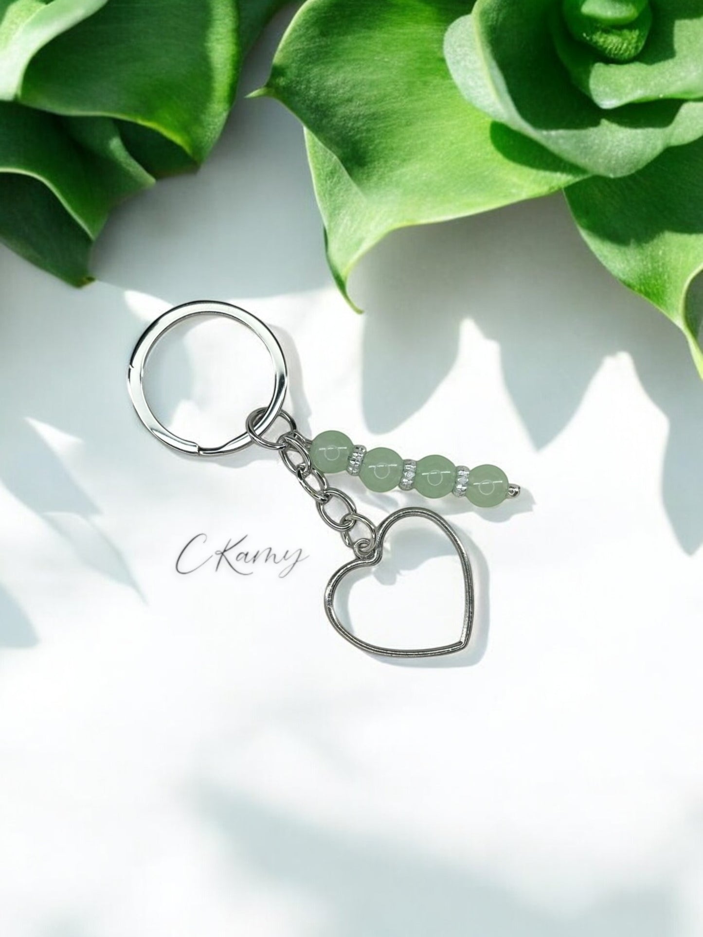 Porte clé personnalisé coeur argent vert