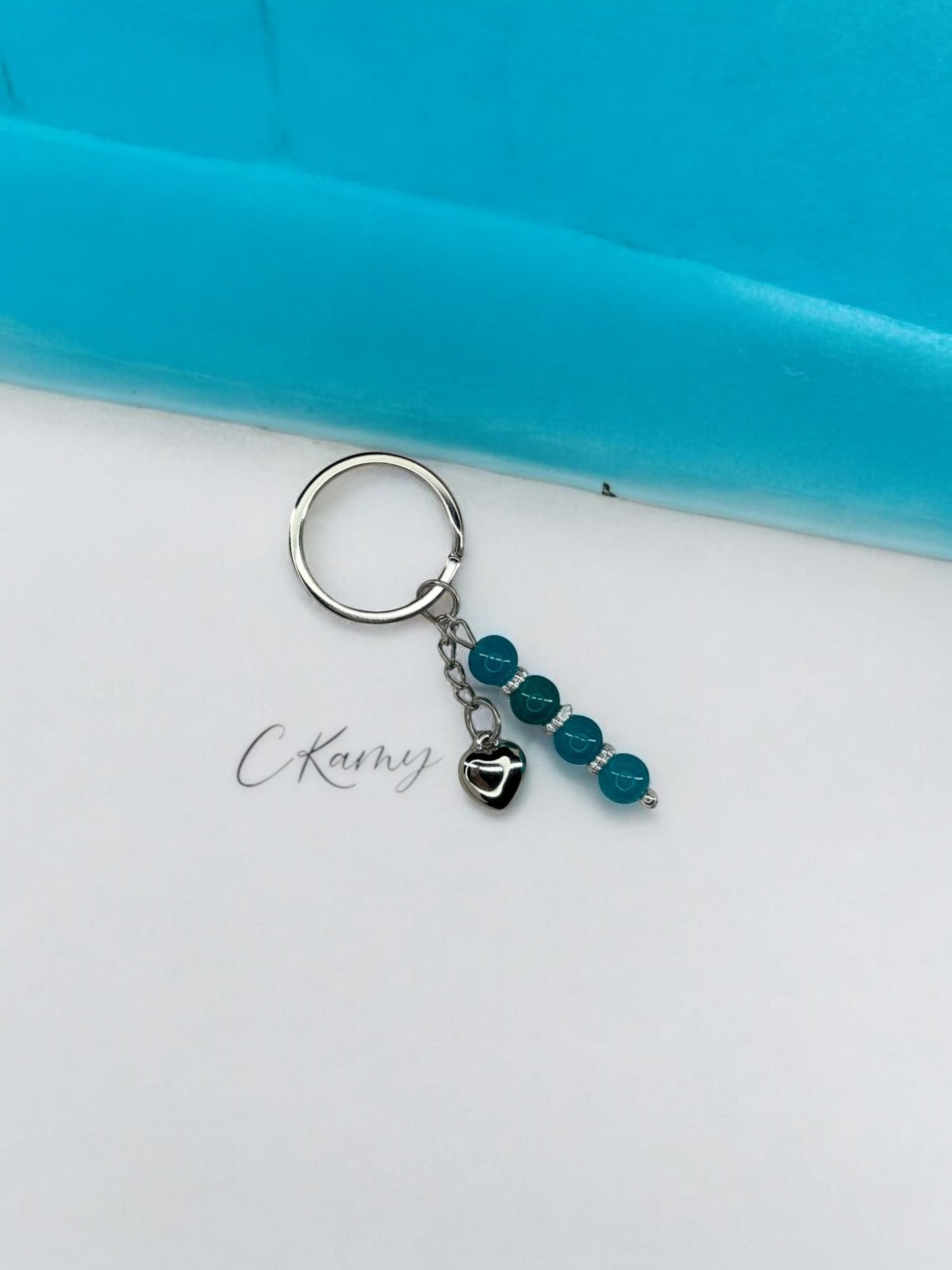 Porte clé personnalisé coeur bombé bleu turquoise