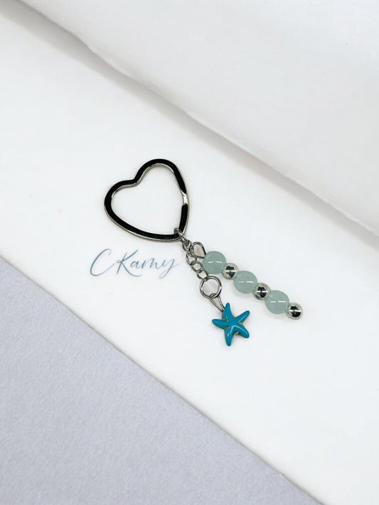 Porte clé personnalisé étoile de mer bleu anneau coeur