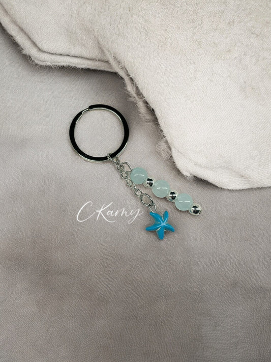Porte clé personnalisé étoile de mer bleu anneau rond