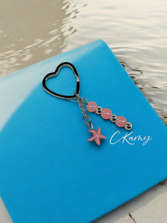Porte clé personnalisé étoile de mer rose anneau coeur