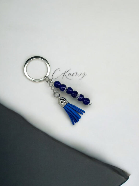 Porte clé personnalisé pompon épais bleu foncé anneau rond