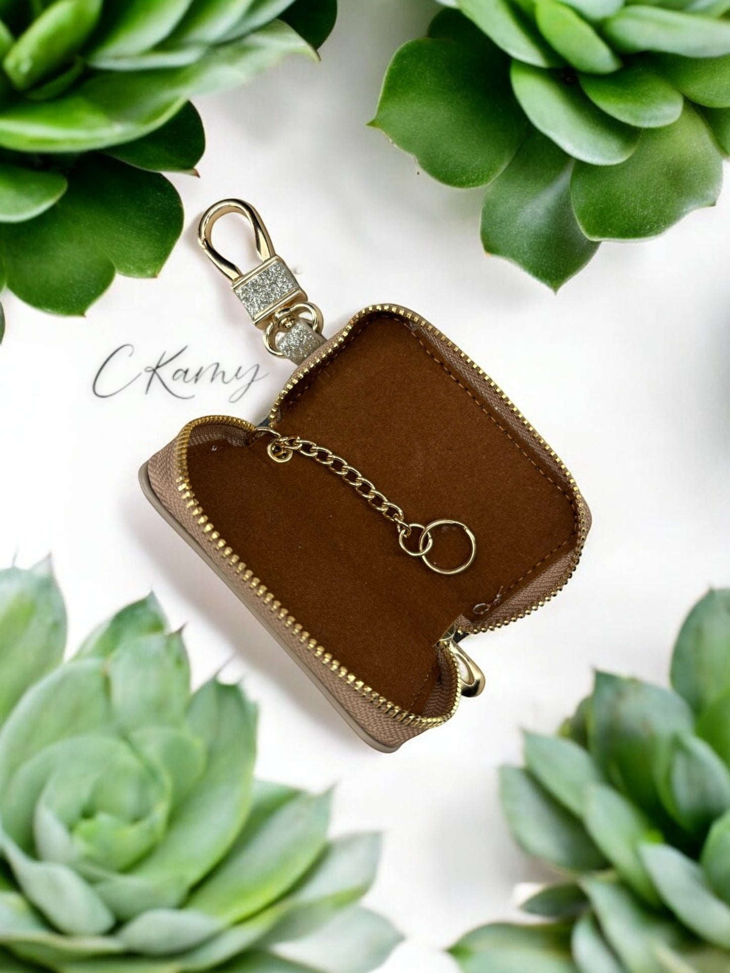 Porte clé pochette pour clé de voiture argent à paillettes doré