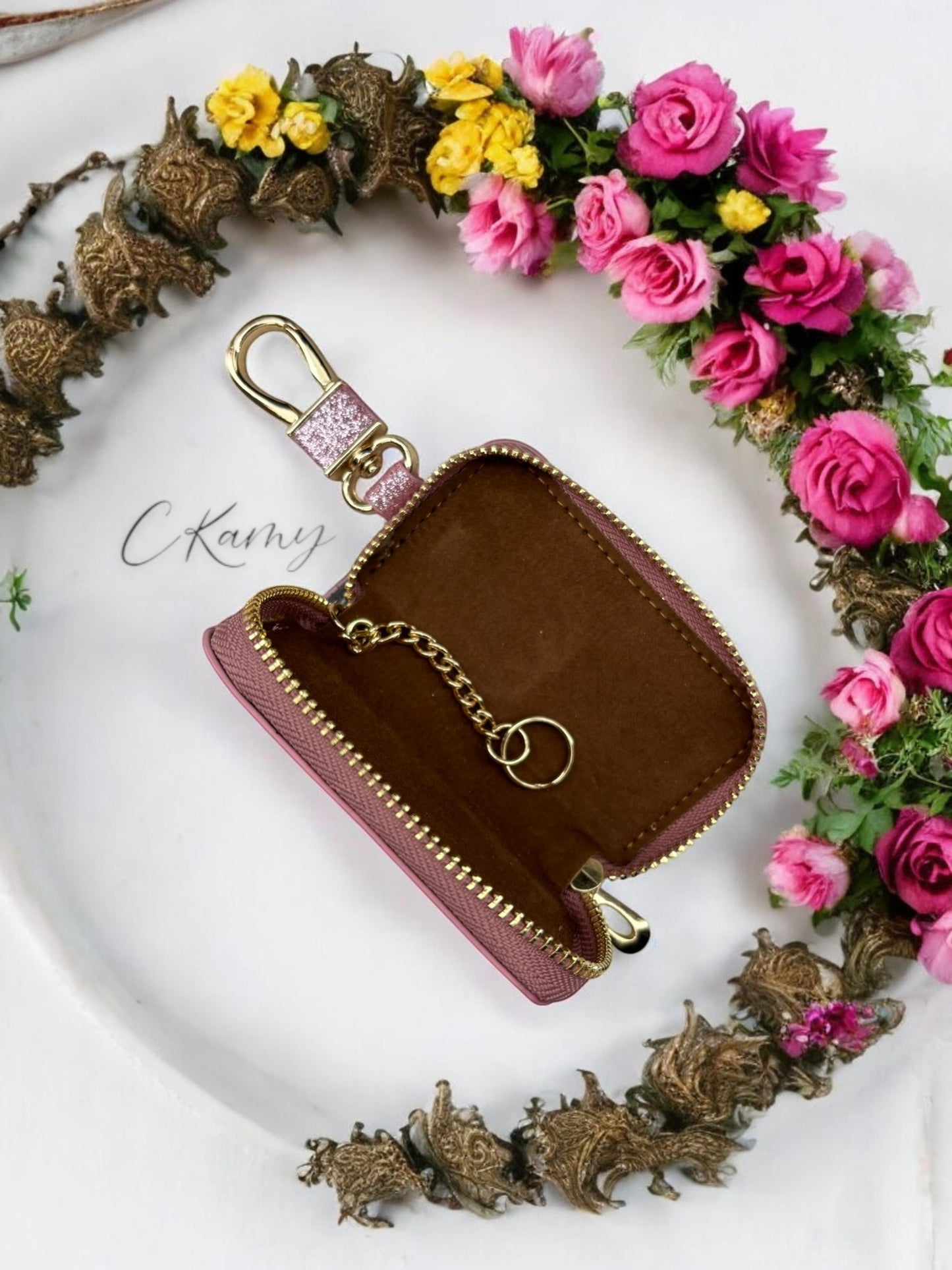 Porte clé pochette pour clé de voiture rose à paillettes