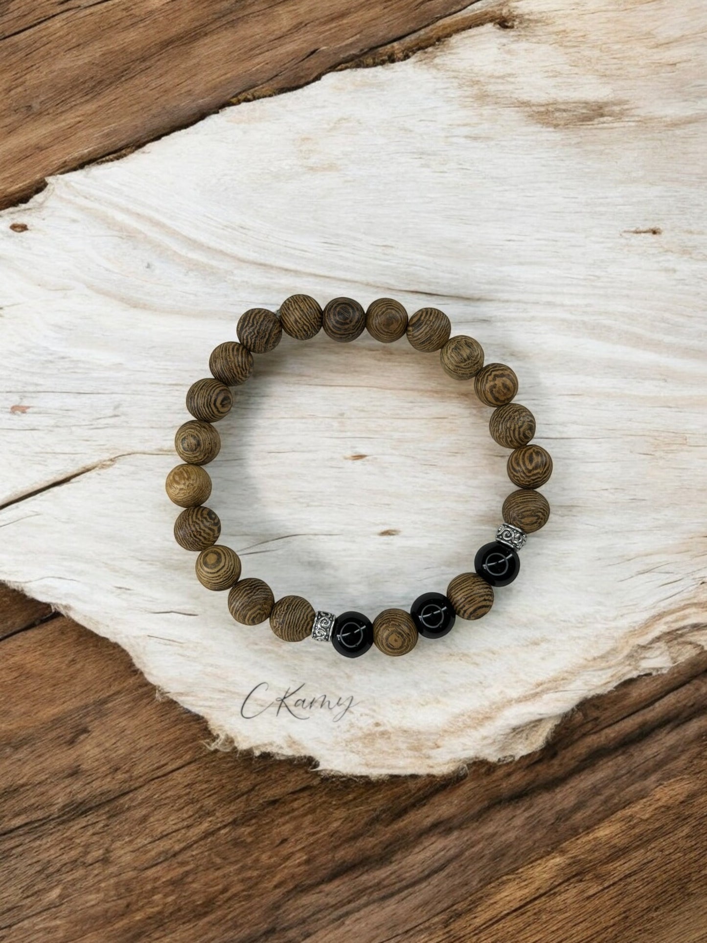 bracelet homme bois milieu alterné noir brillant