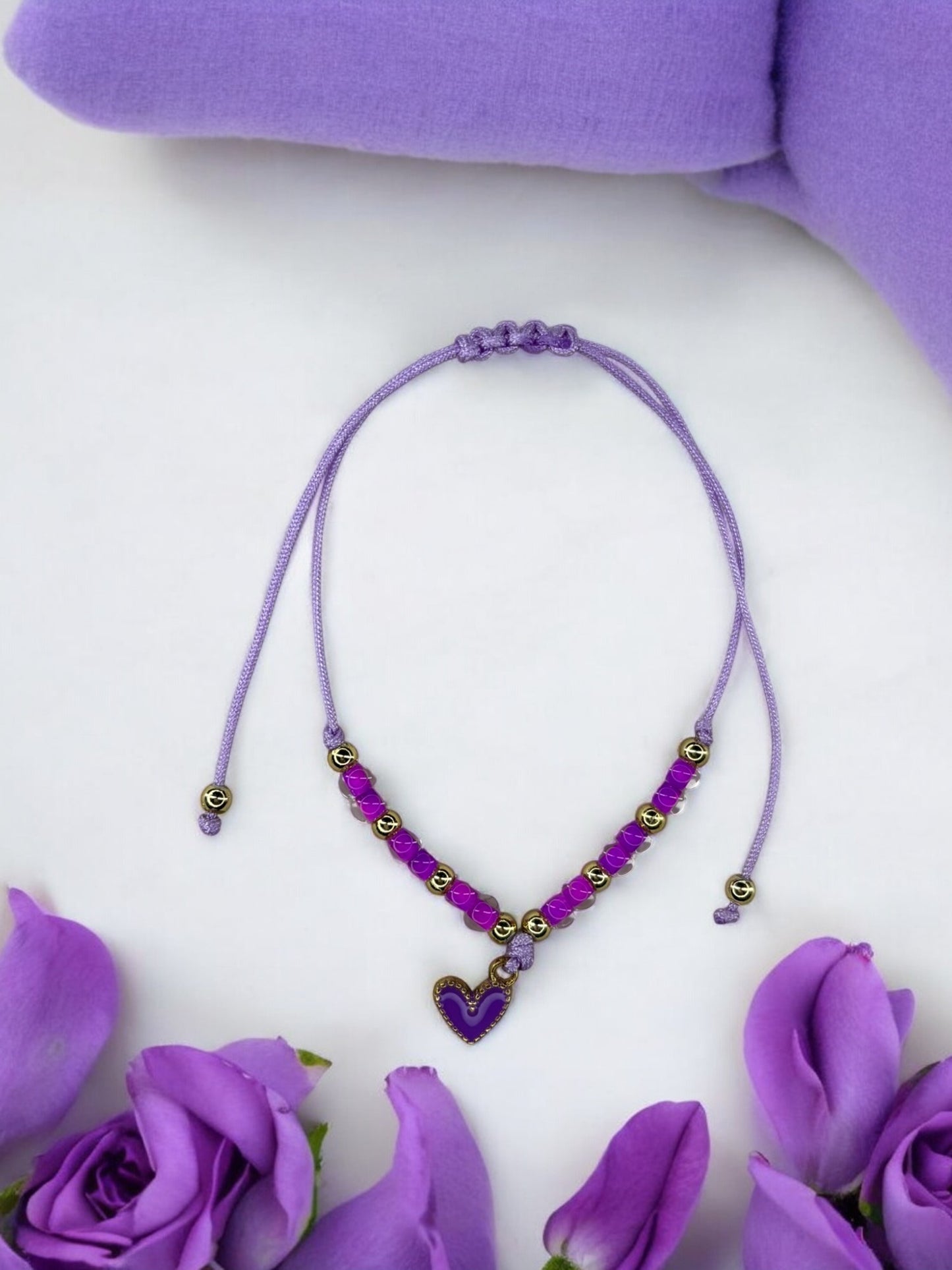 Bracelet enfant cordon accroche coeur violet