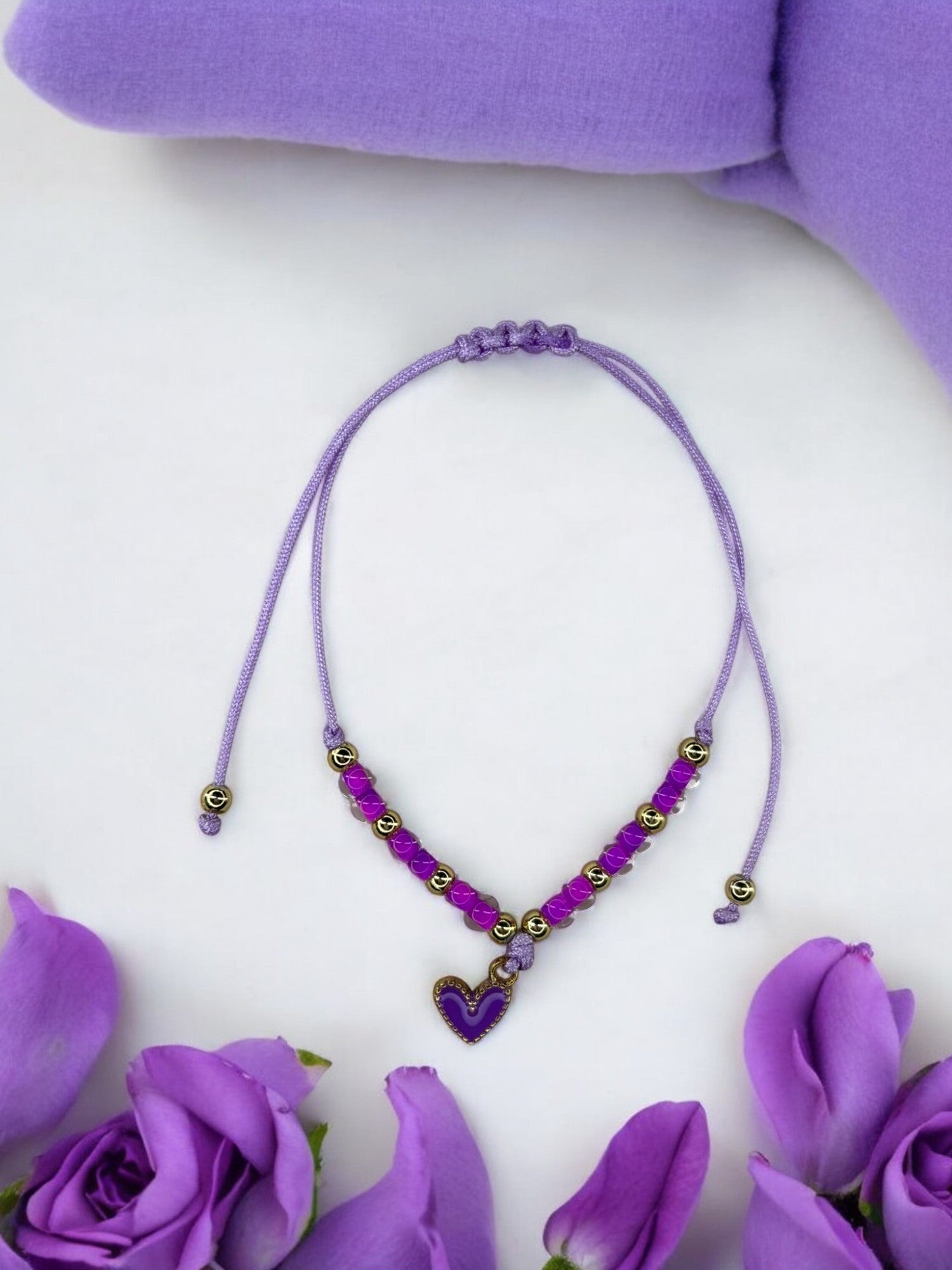 Bracelet enfant cordon accroche coeur violet