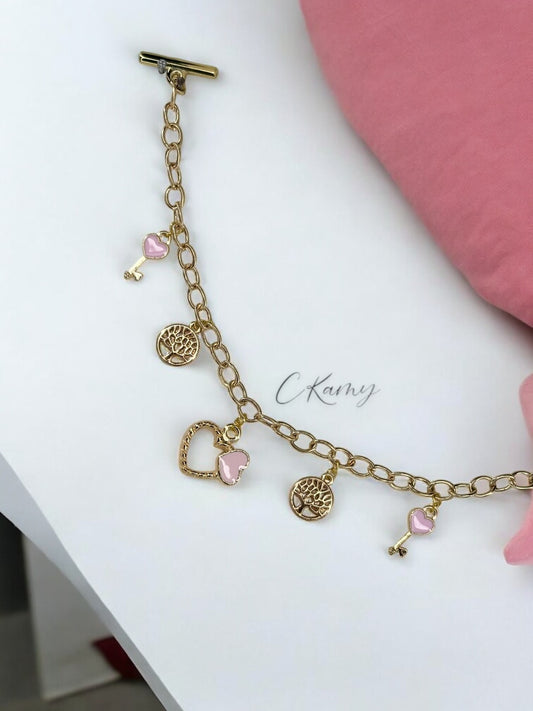 Bracelet femme chaîne coeur et clés rose