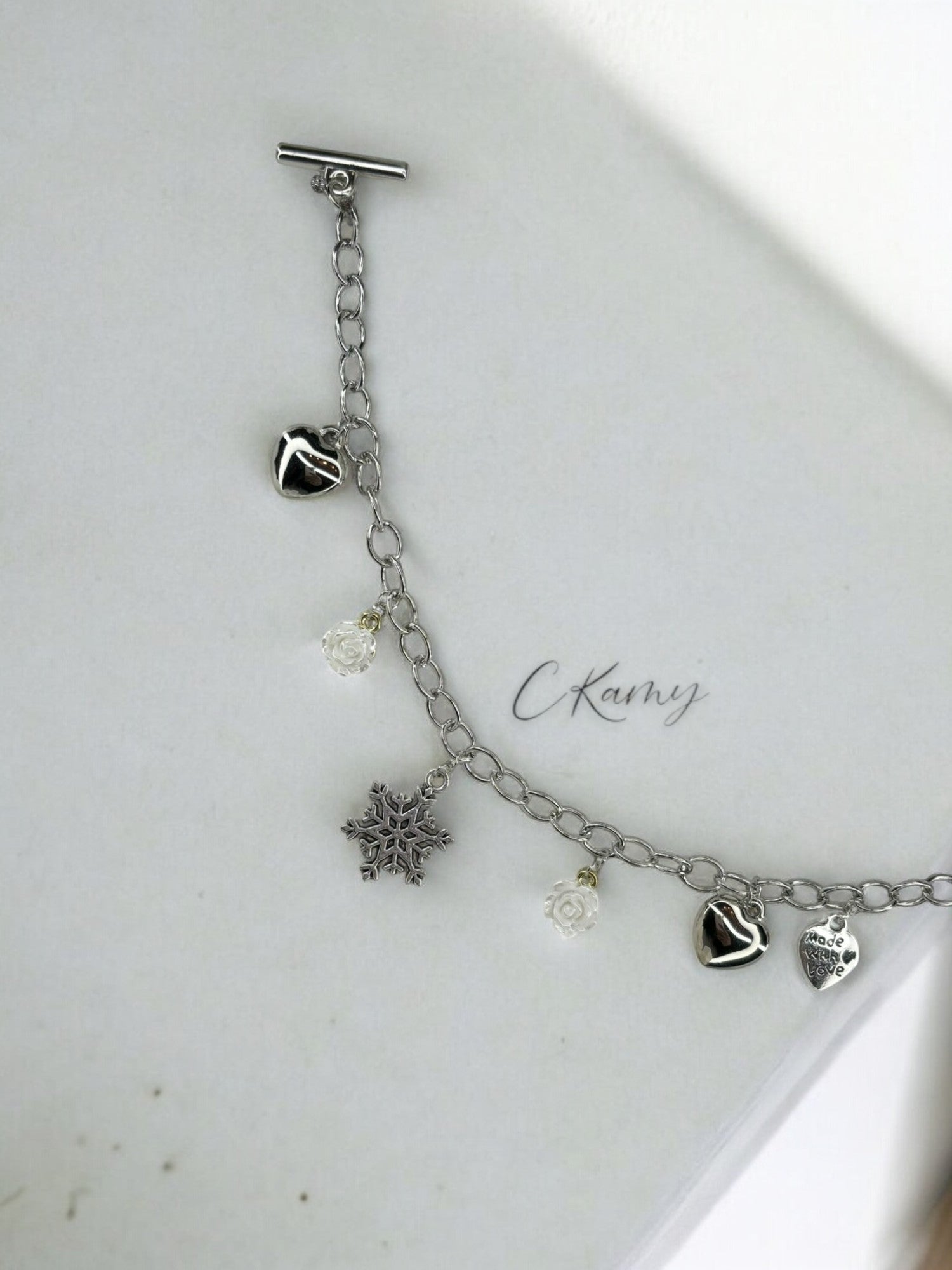 Bracelet femme chaîne flocon rose blanc