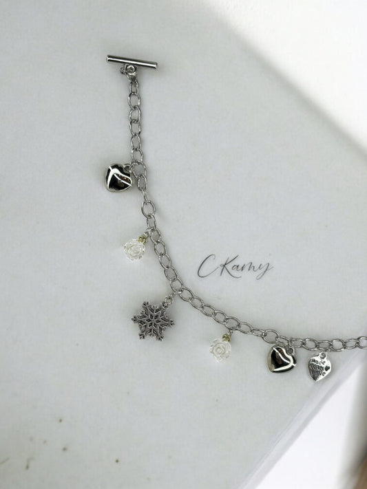 Bracelet femme chaîne flocon rose blanc