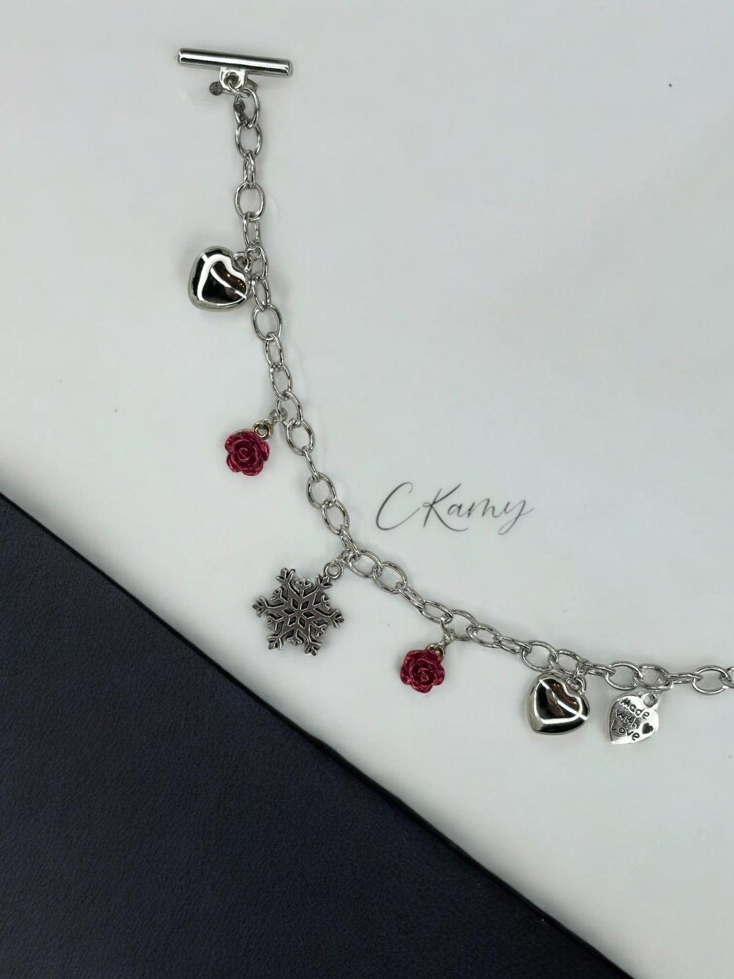 Bracelet femme chaîne flocon rose rouge