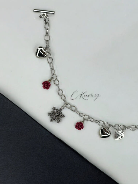 Bracelet femme chaîne flocon rose rouge