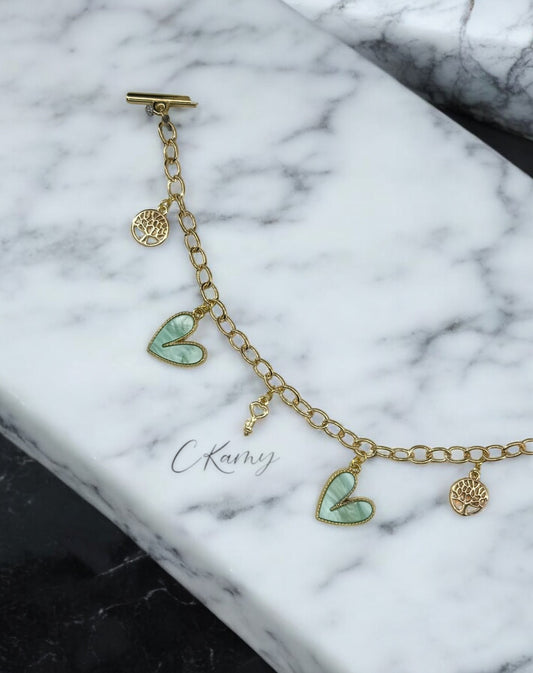 Bracelet femme chaîne gros coeur bleu vert