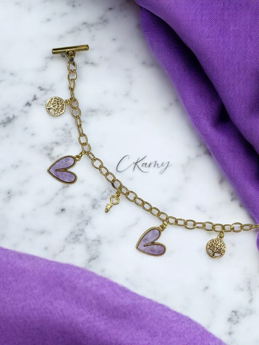Bracelet femme chaîne gros coeur violet