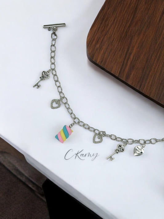 Bracelet femme chaîne guimauve bleu clair & rose clair & jaune