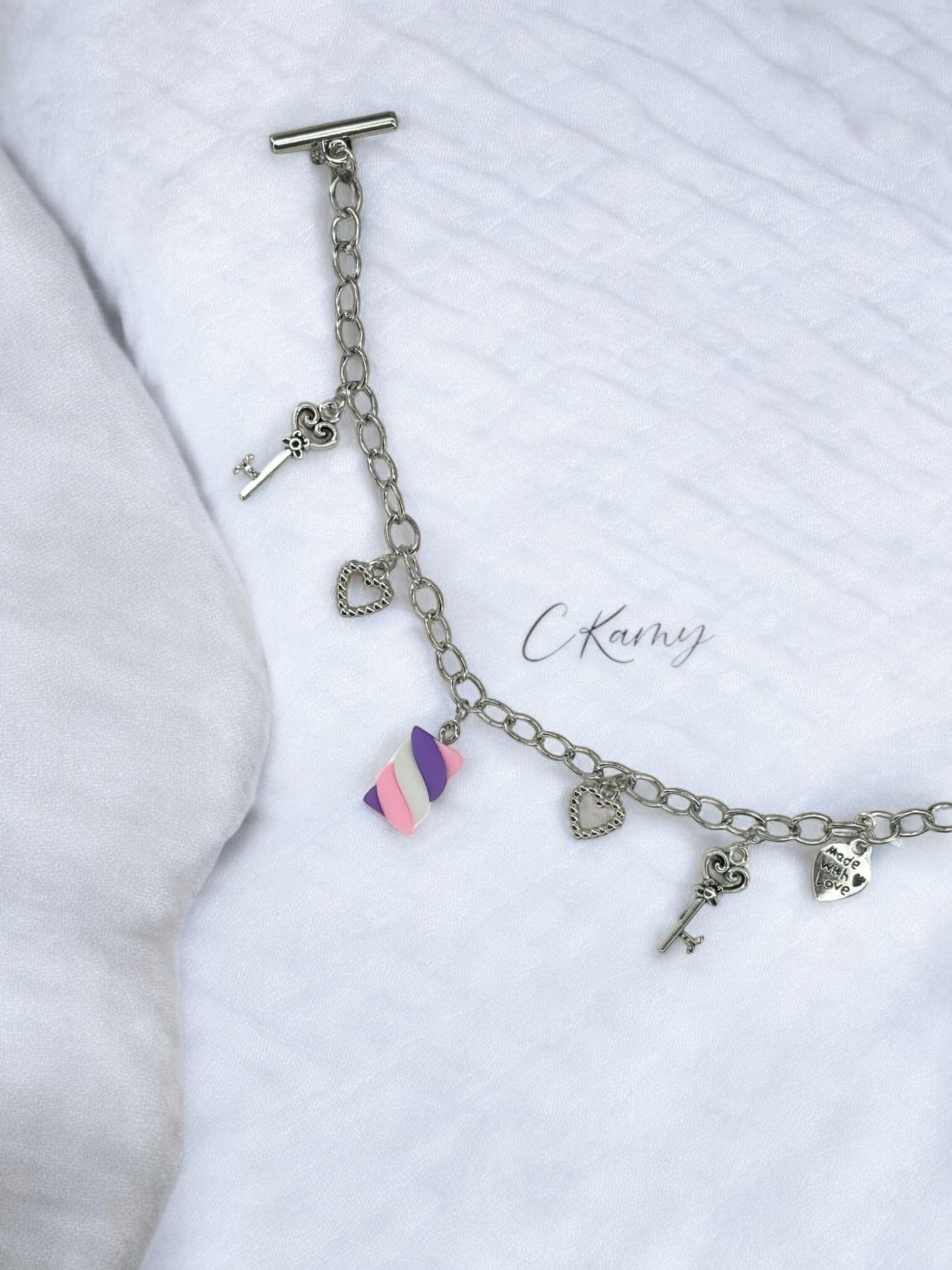 Bracelet femme chaîne guimauve violet & rose clair & blanc