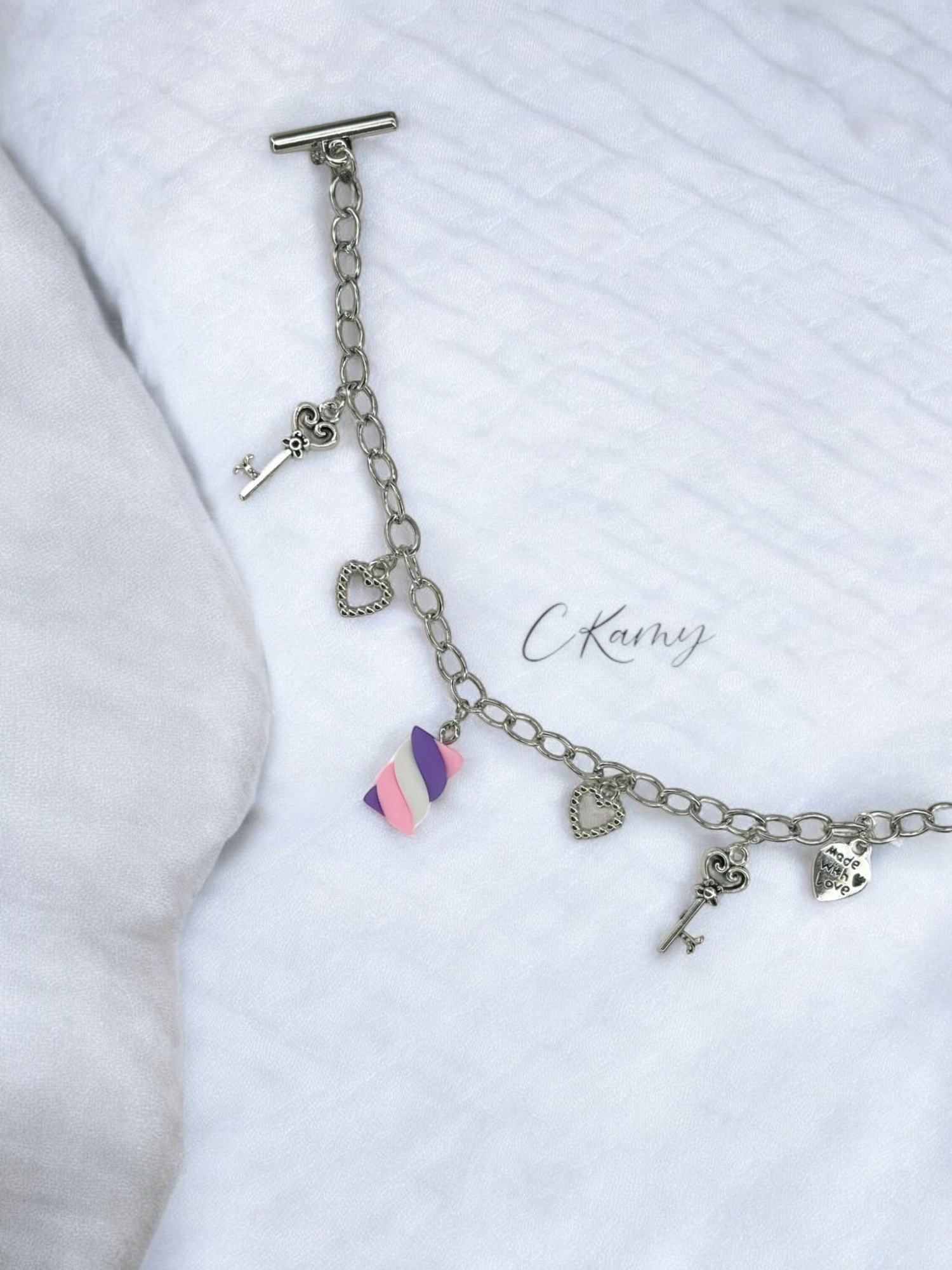 Bracelet femme chaîne guimauve violet & rose clair & blanc