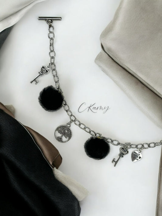 Bracelet femme chaîne moumoute noir