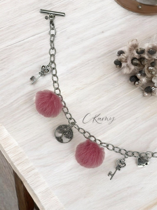 Bracelet femme chaîne moumoute rose fuchsia