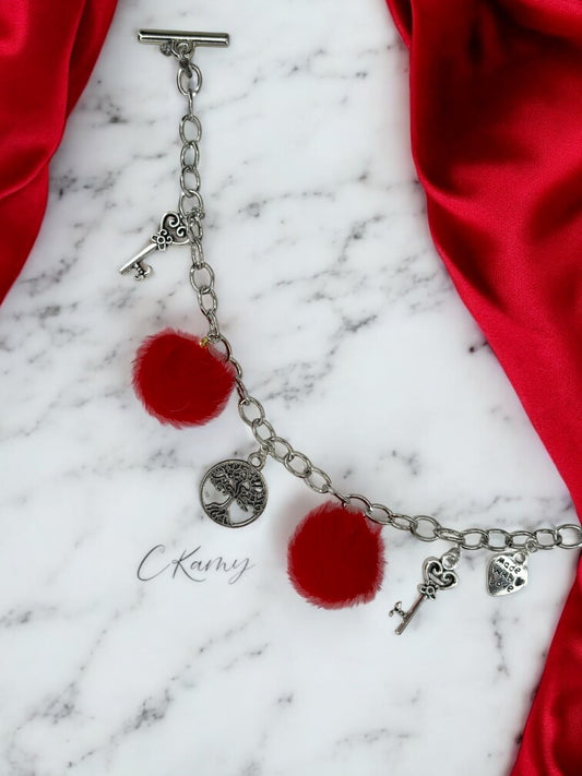 Bracelet femme chaîne moumoute rouge