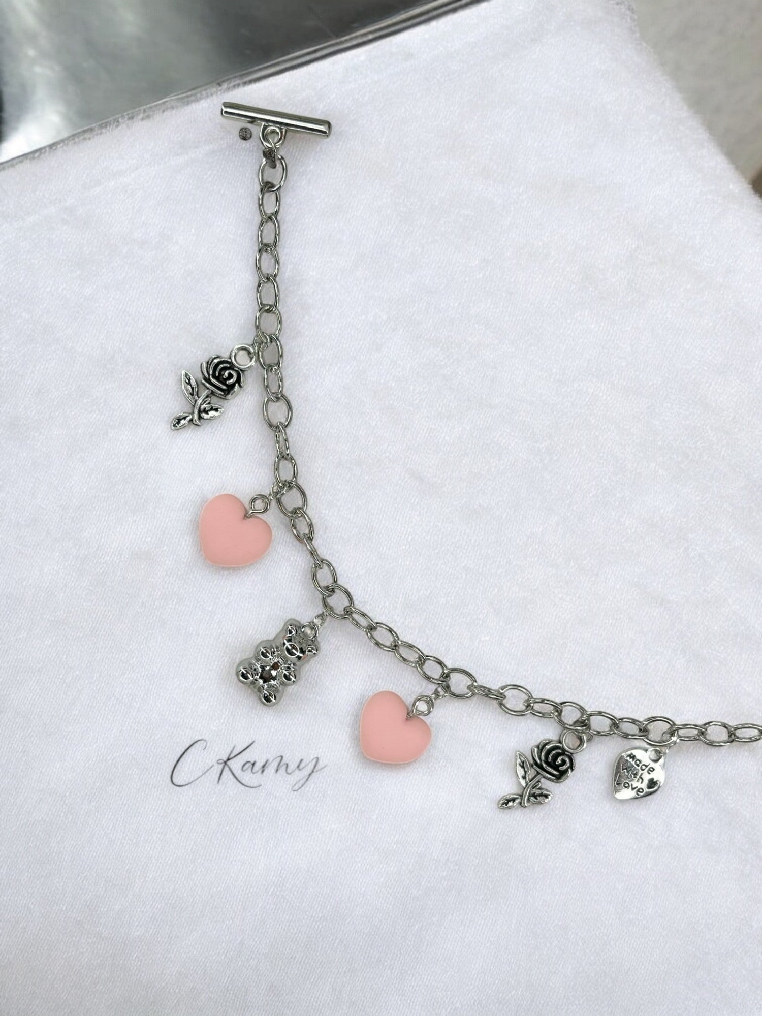 Bracelet femme chaîne nounours argent rose clair